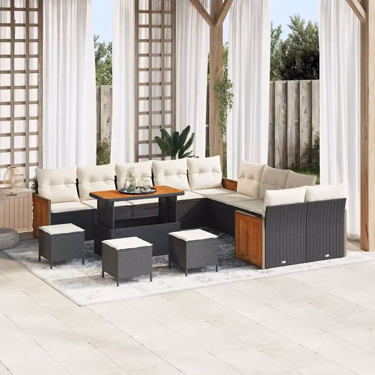 Set Divano da Giardino vidaXL 18 Pezzi con Tavolino e Pouf Nero e Beige con Cuscini in Tessuto e Struttura in Metallo