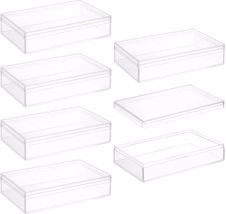 Set di 6 scatole di stoccaggio in acrilico, dimensioni 11 x 7 x 2,5 cm, trasparenti con coperchi