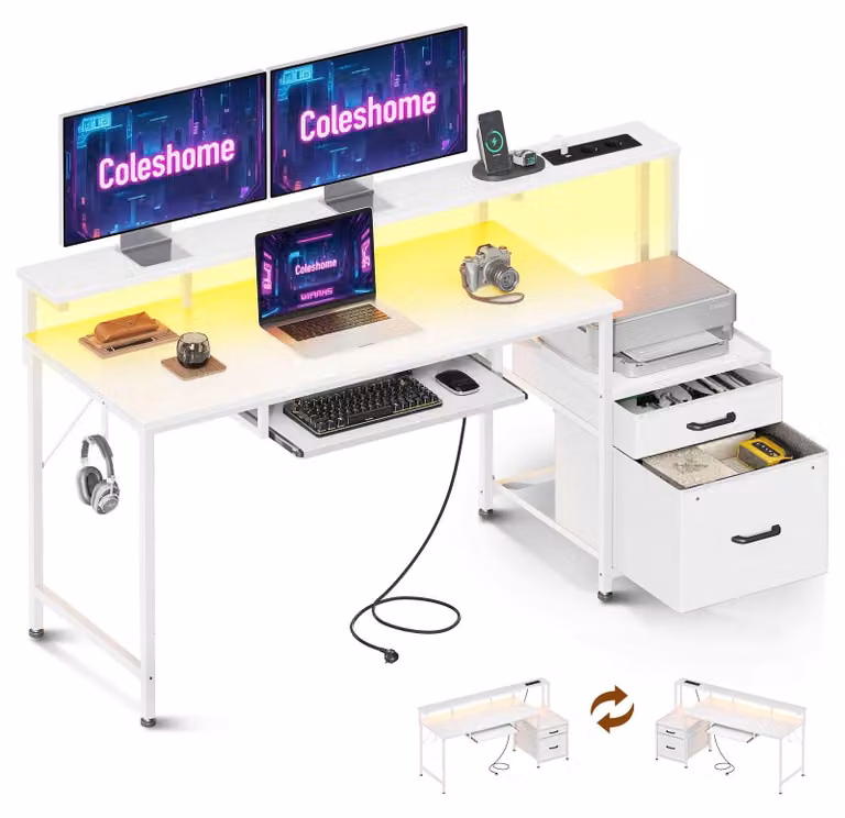 Scrivania con cassetto, dimensioni 140x48 cm, reversibile, con prese di corrente e porte USB
