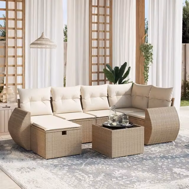 Set di Divani da Giardino 7 Pezzi vidaXL con Cuscini Beige e Tavolino in Polyrattan e Metallo
