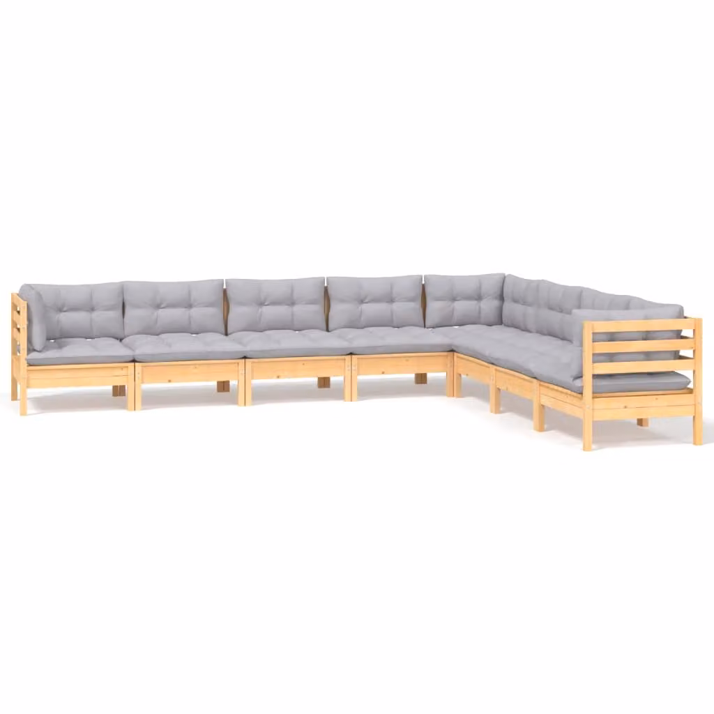 Set Divani da Giardino 8 pz con Cuscini Grigi Massello di Pino