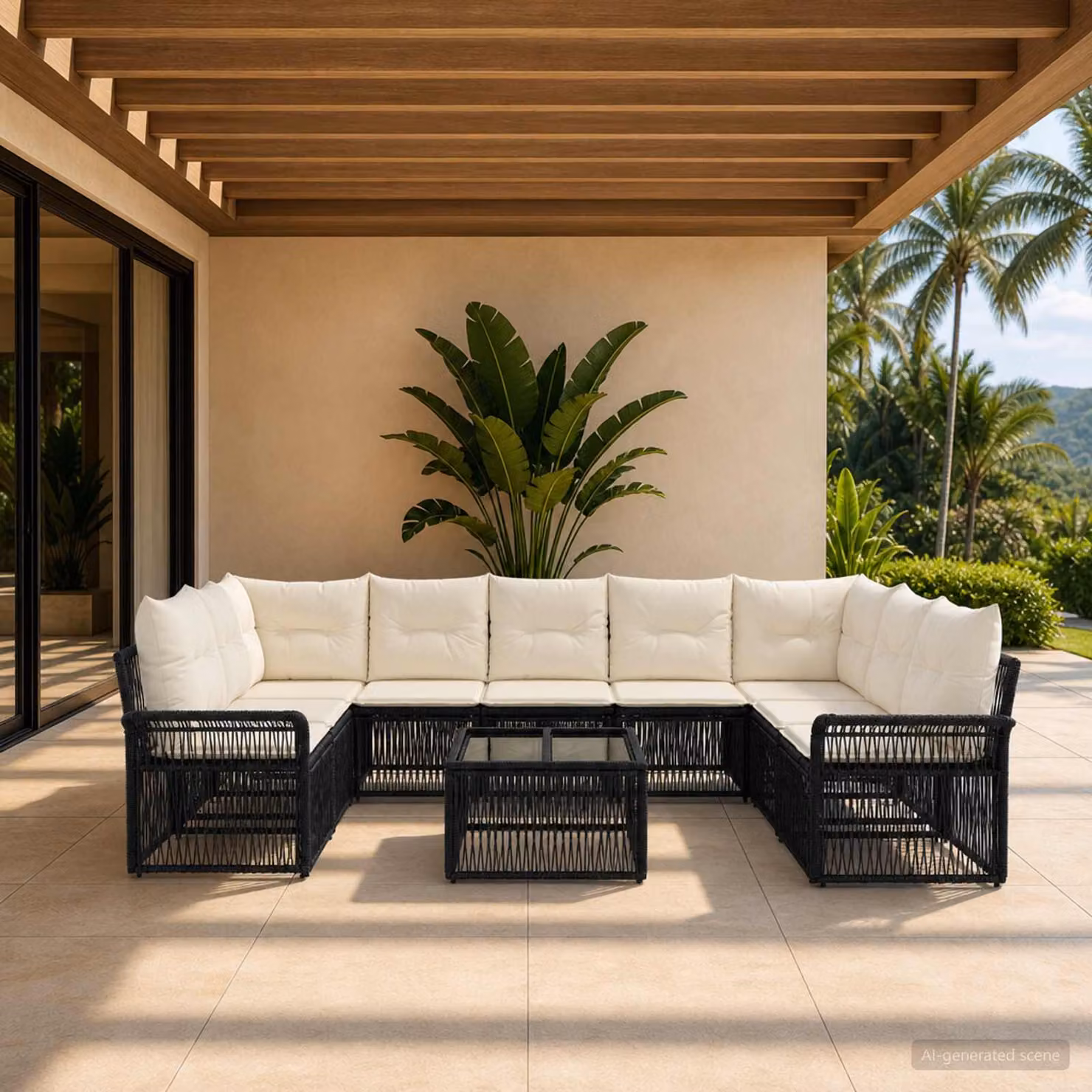 Set Divano da Giardino vidaXL 10 Pezzi a Forma di U con Tavolino da Caffè e Cuscini Imbottiti Nero