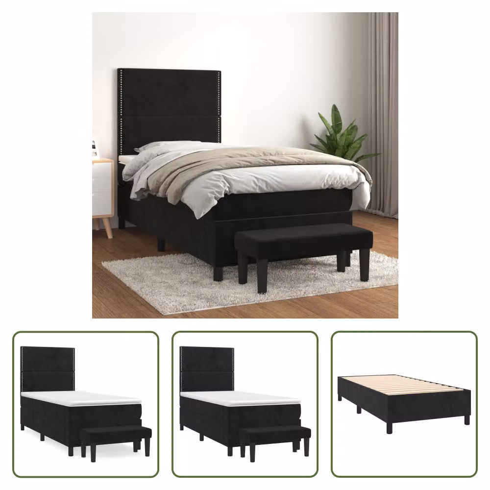 The Living Store Letto a molle con materasso nero 90x190 cm in velluto