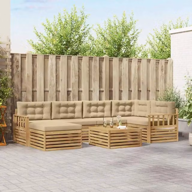 Set di divani da esterno a L vidaXL in legno di acacia con cuscini, colore bianco e beige, 7 pezzi – 1