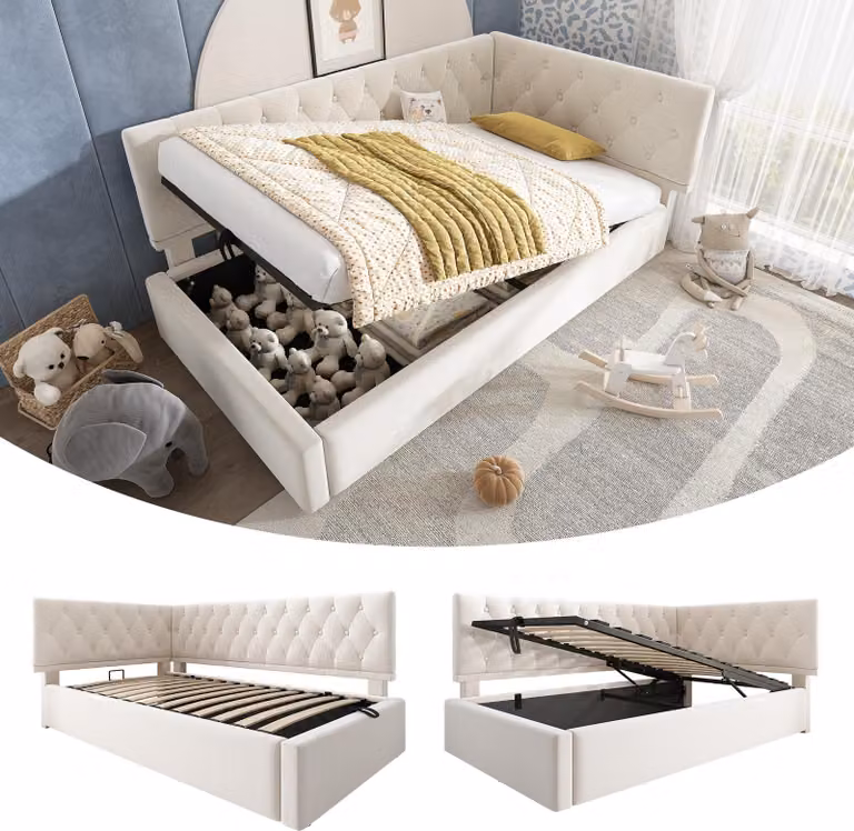 Letto imbottito Sweiko daybed daybed 90x190cm, divano letto con contenitore idraulico, letto per bambini letto per ragazzi struttura letto con doghe in legno, velluto, beige, senza materasso.