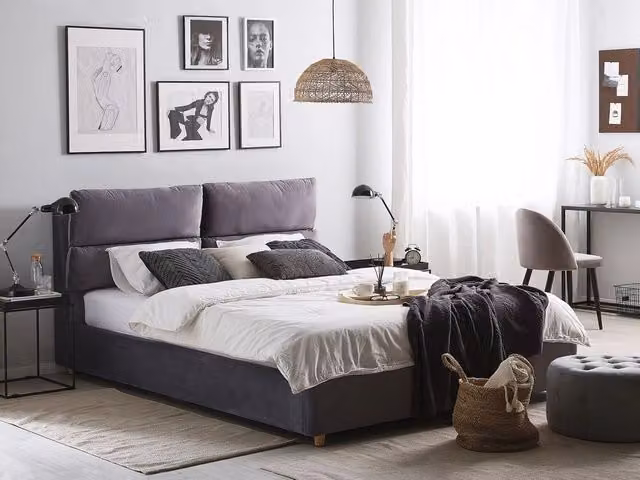 Letto matrimoniale con contenitore Beliani in velluto grigio L/P/H: 180 x 200 x 105 cm – 1