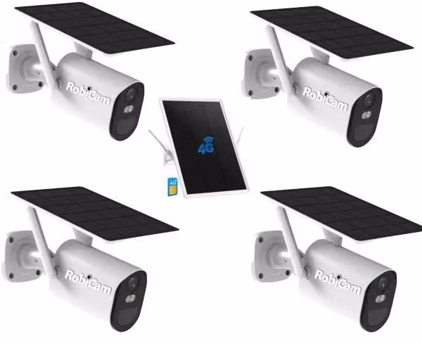 Kit 4 telecamere solari WiFi RobiCam BC17, 4G LTE, router solare, autonomia completa per sorveglianza e sicurezza ovunque