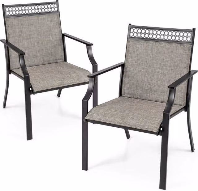 Set di 2 sedie da giardino moderne con schienale alto e braccioli in tessuto grigio e struttura in acciaio verniciato a polvere opaco