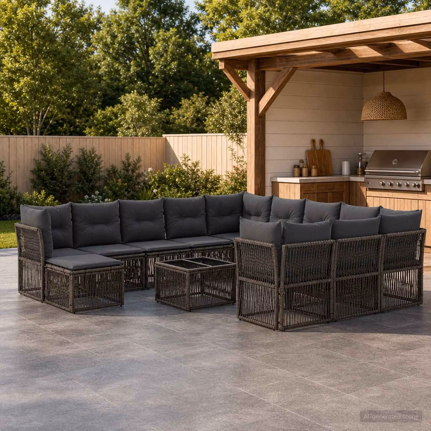 Set Divano da Giardino vidaXL a forma a U composto da 13 pezzi in Polyrattan Grigio con Cuscini e Tavolino da Esterno