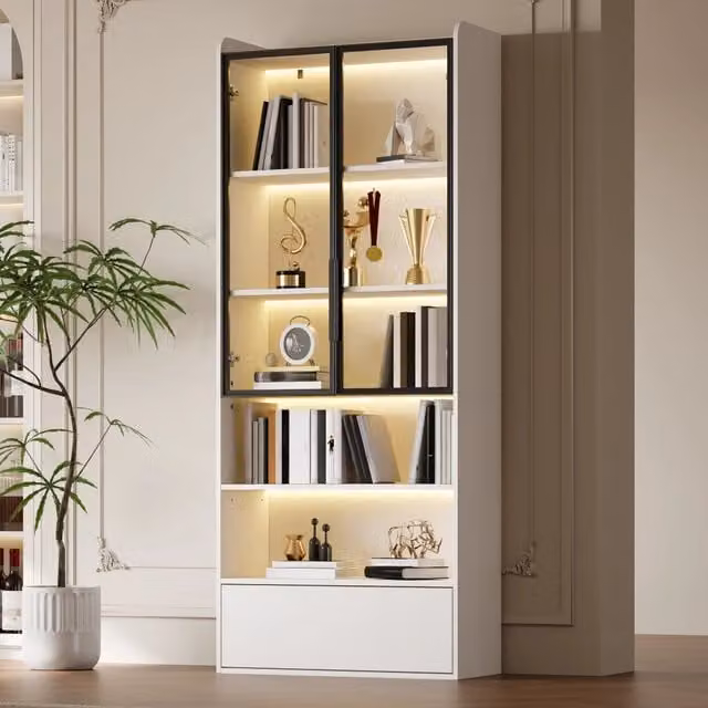 Vetrina bianca da soggiorno con ante in vetro 80 x 34 x 180 cm; LED e cassetto; MDF e vetro