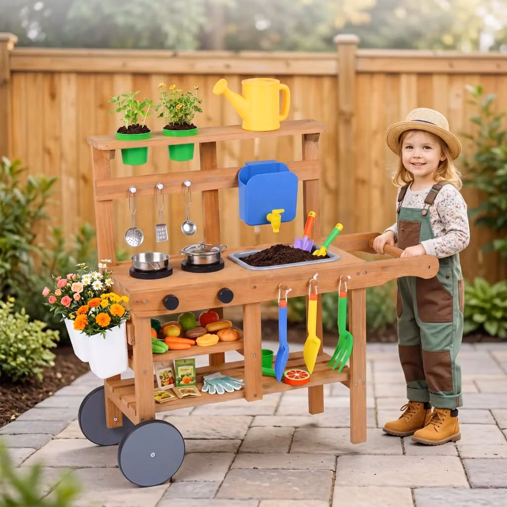 Cucina da gioco per bambini in legno multicolore con accessori per cucinare per esterni e natura – 2