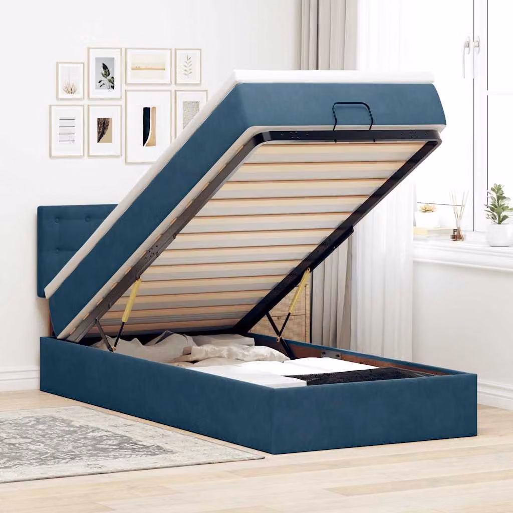vidaXL Struttura Letto con Materasso e Pouf in Velluto con Base a Sollevamento, Luci Sotto il Letto e Porte USB, L/P/H: 203 x 140 x 100 cm, Blu e Bianco – 1