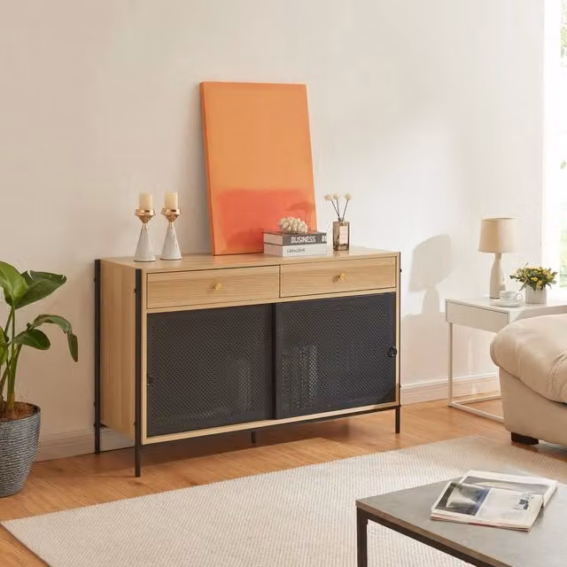 Mobile Porta TV Tysnes en.casa con 2 Cassetti e Scomparto Chiuso, Effetto Rovere e Nero, L: 120 cm, P: 40 cm, H: 75 cm