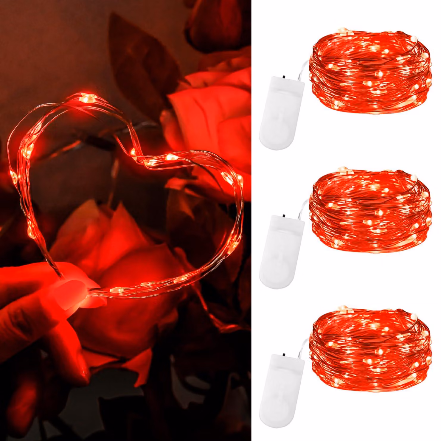 Catena luminosa a LED, colore rosso, 2 metri, 20 LED, confezione da 3 pezzi, alimentazione a batteria