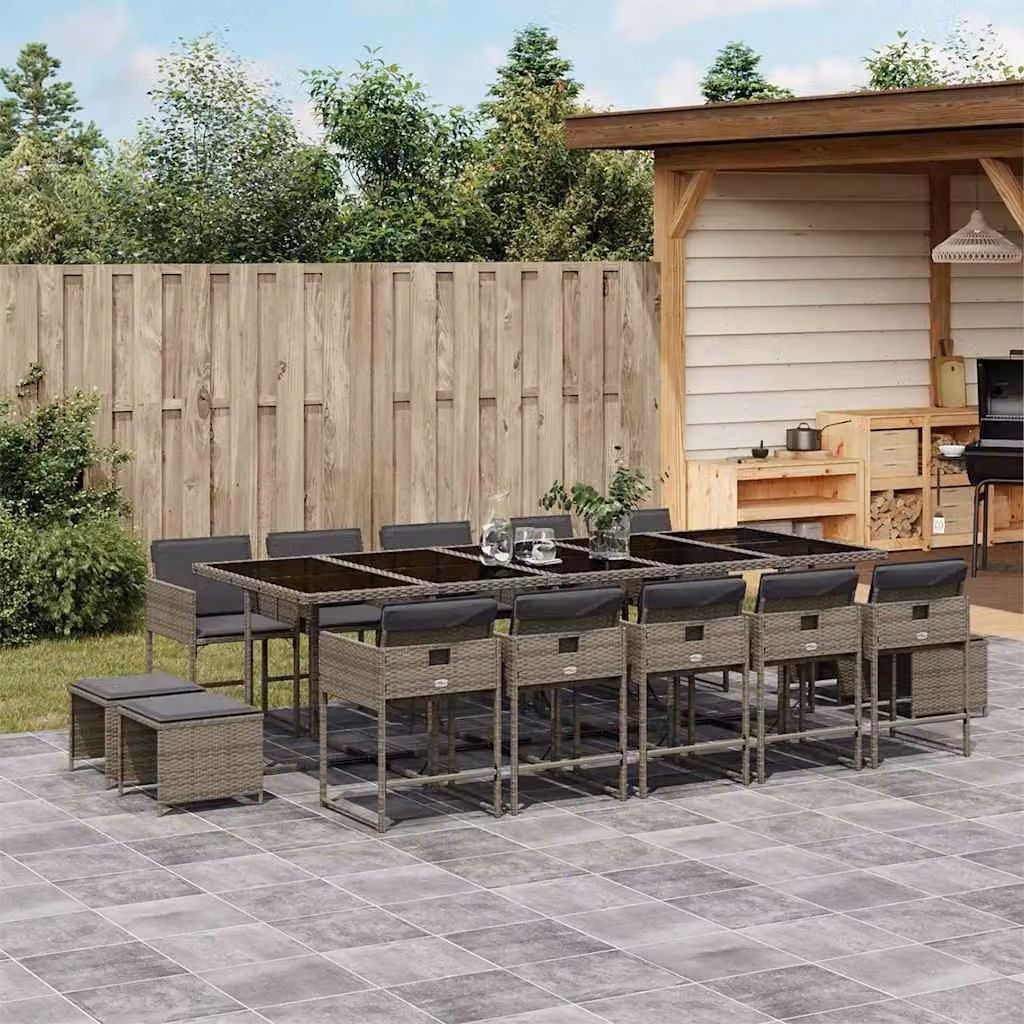 vidaXL Set da Pranzo da Giardino 15 pz in Polyrattan con Cuscini Grigio e Nero e Piano in Vetro – 1