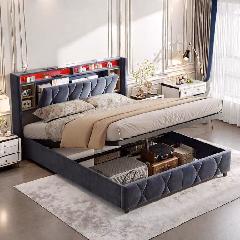 Letto a pressione a gas ProximaX 140x200 cm, con contenitore sotto il letto, scomparti per la testata, striscia luminosa a LED, connessione USB, comodo per dormire, camera da letto, velluto grigio