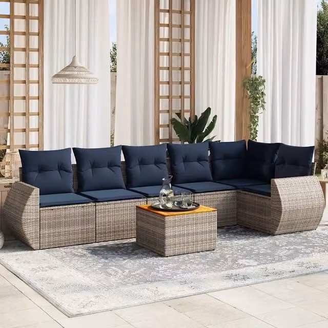 Set Divani da Giardino 7 pz con Cuscini Grigio in Polyrattan 3225018