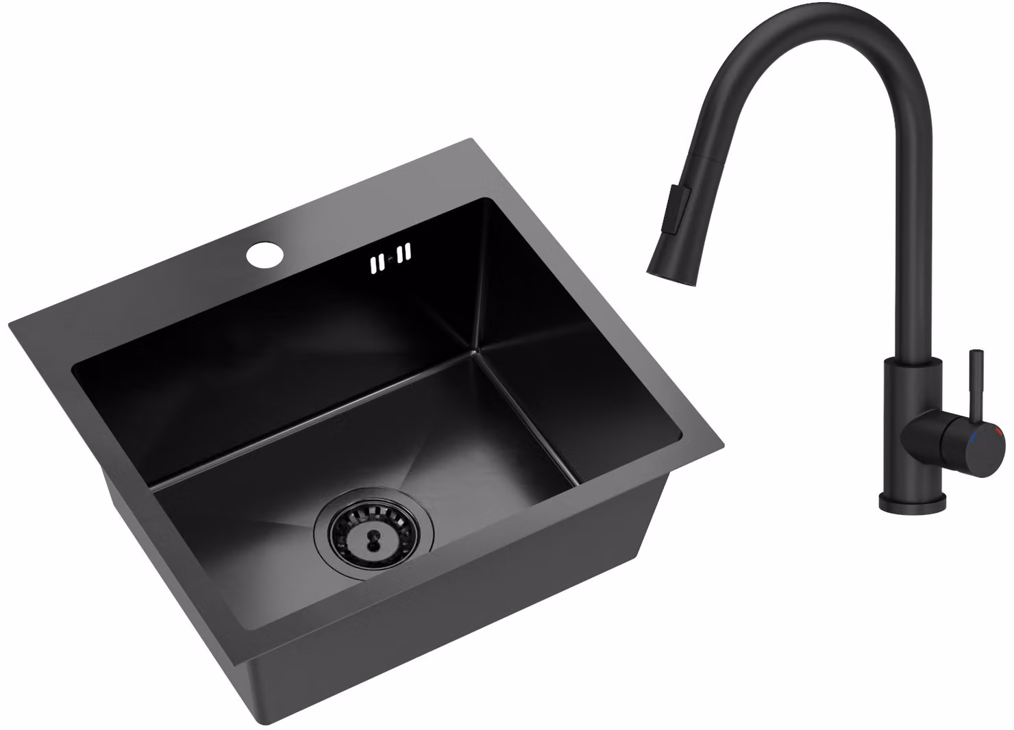 VBChome Lavello in acciaio inox con rubinetto 50 x 45 cm Nero Lavello da incasso in acciaio inox con foro per rubinetto Lavello da cucina in acciaio inox Lavello Grande vasca Set di scarico Sifone Lavello in acciaio inox Nero con rubinetto