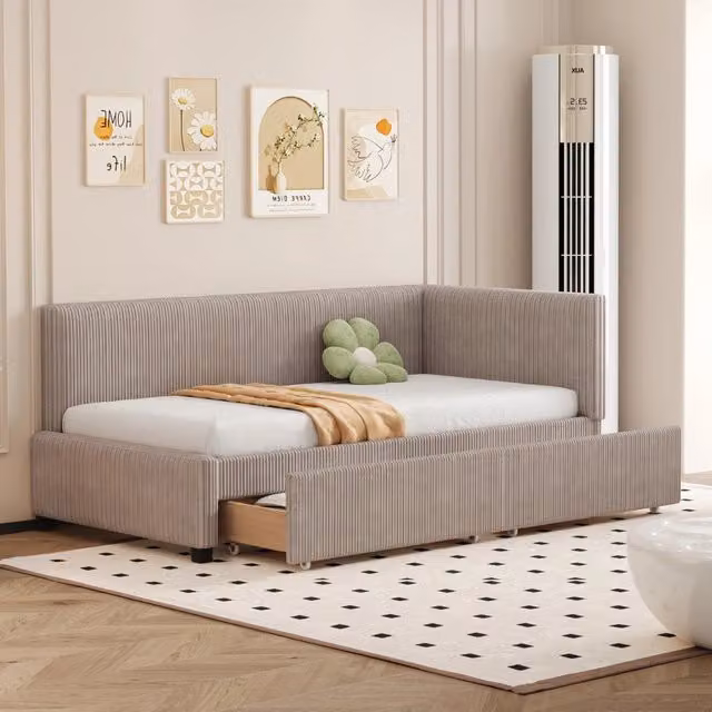 Divano letto imbottito grigio 90x200 cm in velluto con due grandi cassetti contenitore e rete a doghe