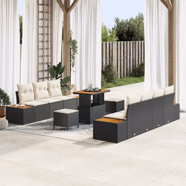 Set da giardino vidaXL composto da 9 posti con divano a 3 posti, tavolino da caffè, pouf e cuscini in colore nero