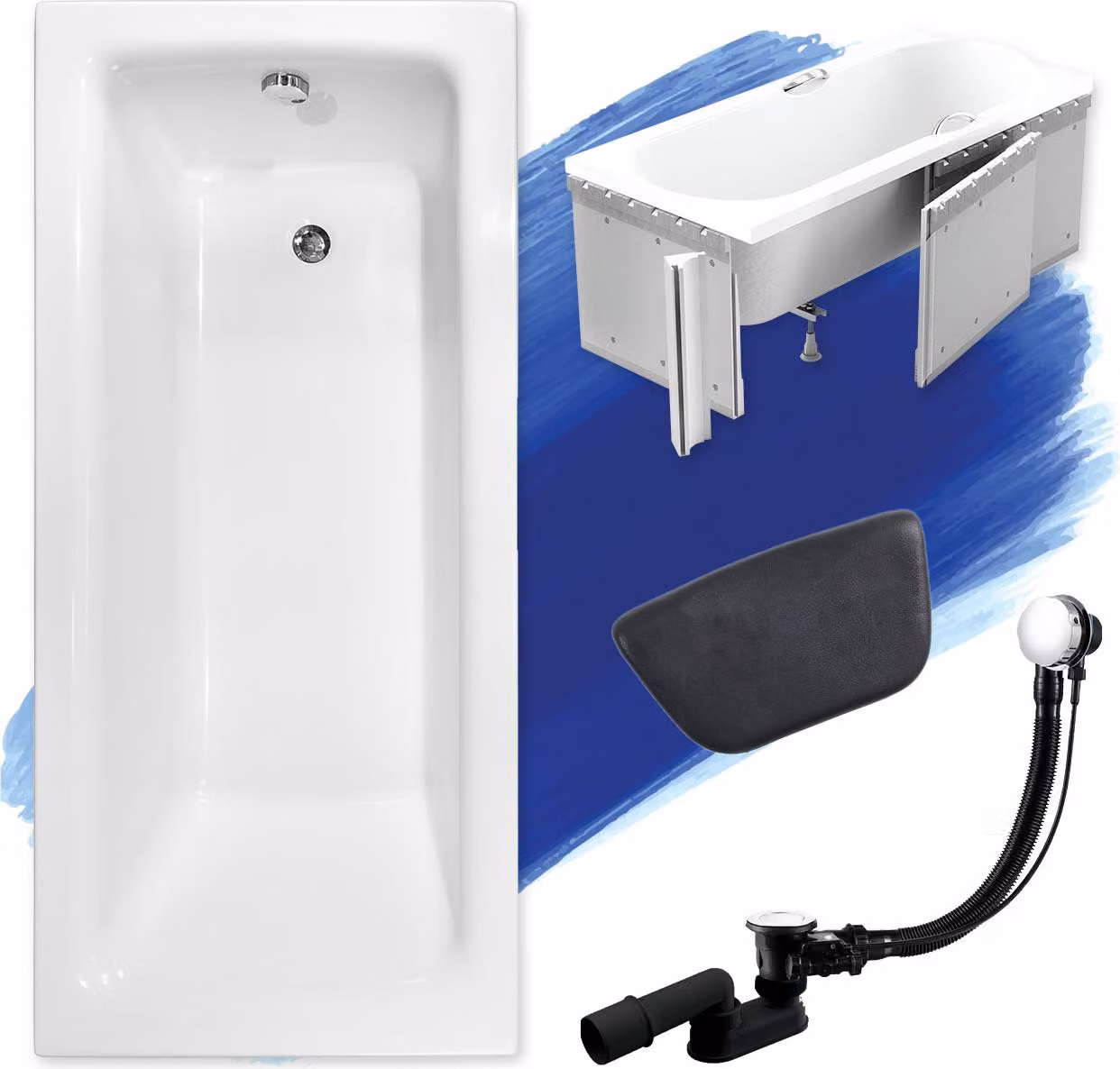 Vasca da bagno rettangolare 160x75 + rivestimento in polistirolo + poggiatesta, scarico e piedini GRATUITI | set completo 5in1 vasca da bagno originale in acrilico sifone | BADLAND TALIA