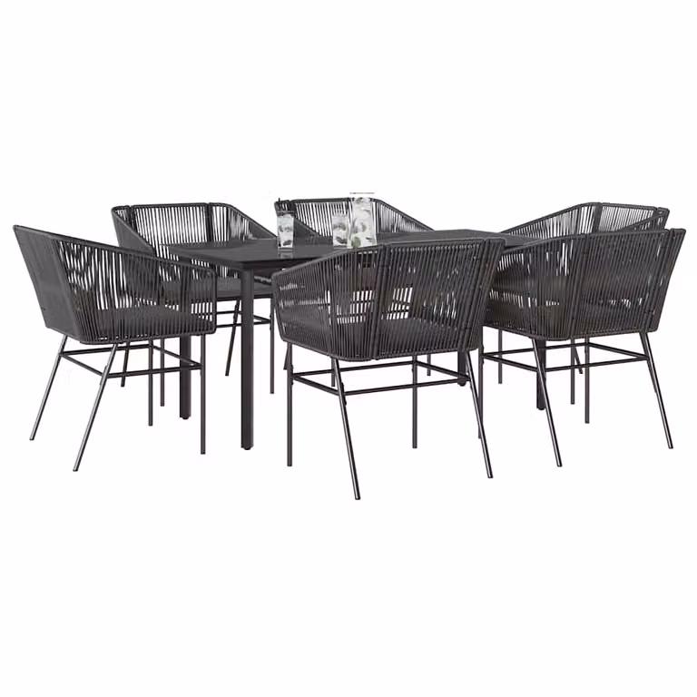Set da pranzo da giardino vidaXL in polyrattan nero e grigio con tavolo in vetro e 7 pezzi