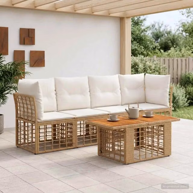 Set Divano da Giardino 5 Pezzi vidaXL in Polyrattan con Tavolino e Cuscini Beige e Bianco