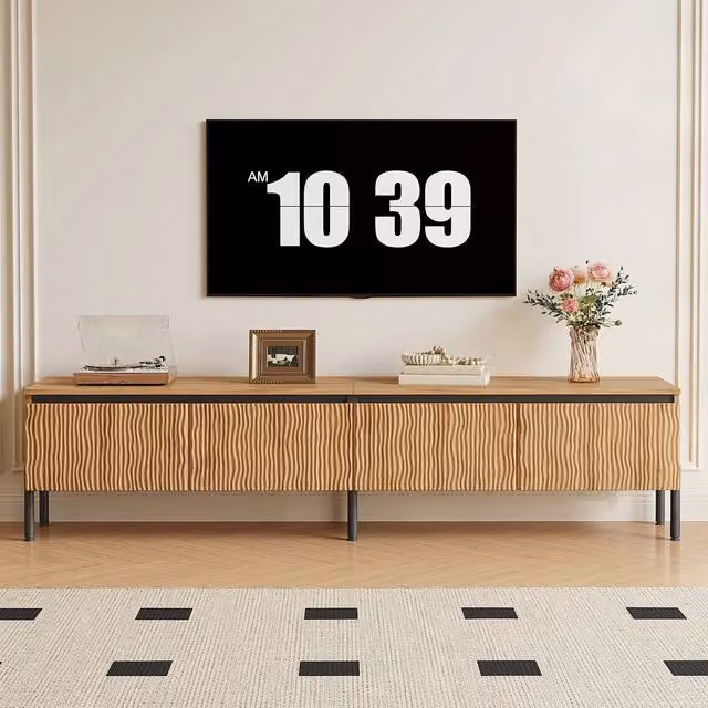 Mobile TV Minimal con ante e spazio di archiviazione, Colore Rovere e Beige, in MDF e Metallo, L: 180 cm, P: 43 cm, H: 35 cm