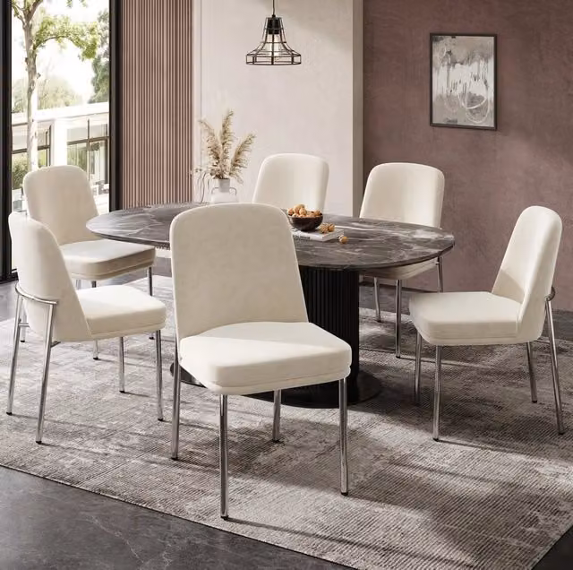 Set di 6 sedie da pranzo in velluto beige con seduta imbottita e struttura in metallo cromato