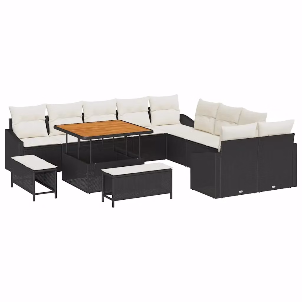 Set da giardino moderno vidaXL a forma di U composto da 13 pezzi in rattan nero con struttura in acciaio e cuscini inclusi – 2