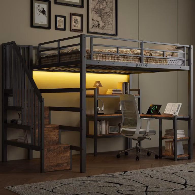 Letto a castello in metallo 140x200, con scaletta, scrivania, scomparti portaoggetti, porta USB e illuminazione LED (nero)