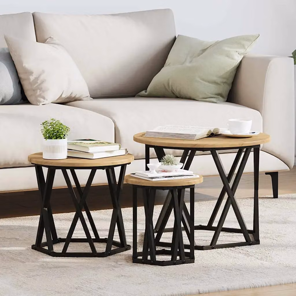Set di 3 tavolini laterali nesting vidaXL in legno e metallo, design moderno rotondo, colore marrone e nero, L/P/H: 53 x 53 x 40 cm