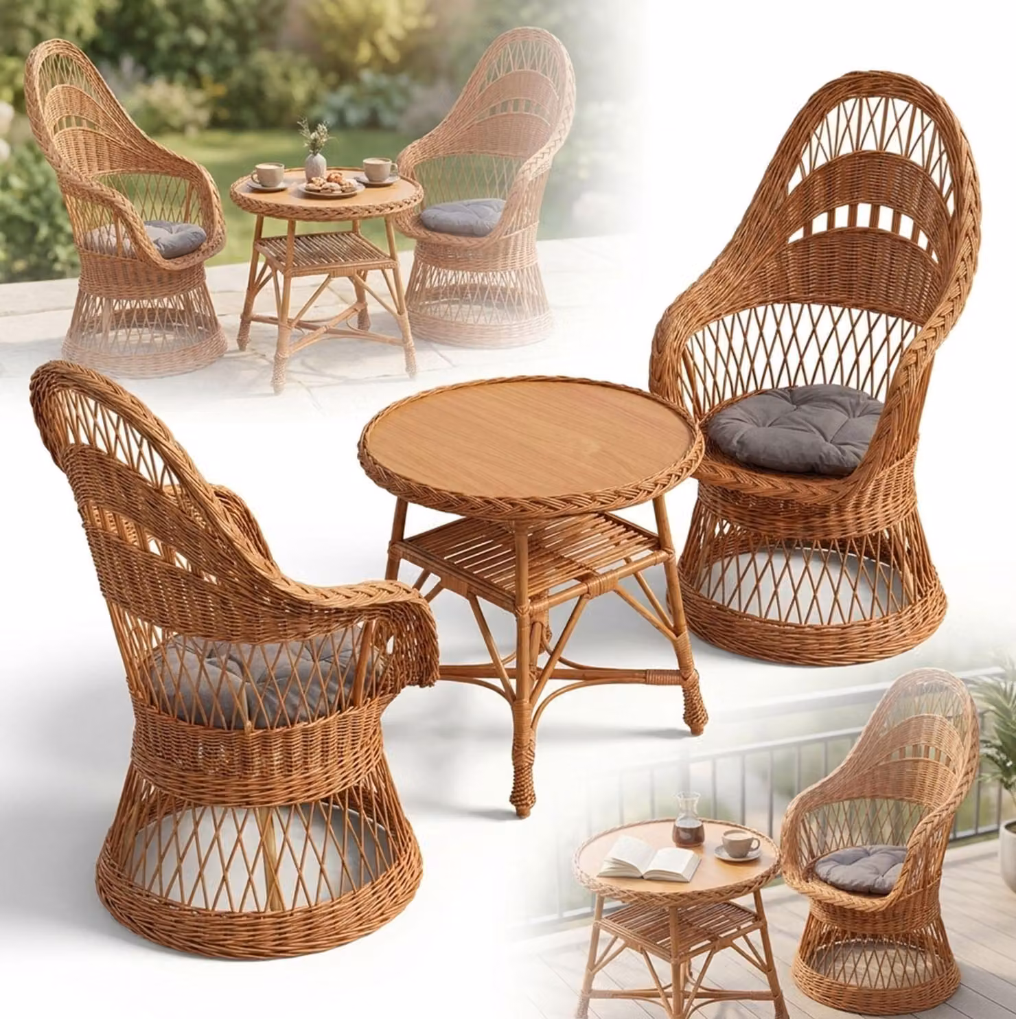 SET DI MOBILI IN VIMINI: poltrone “pavone” e tavolino rotondo in stile boho per terrazza e giardino