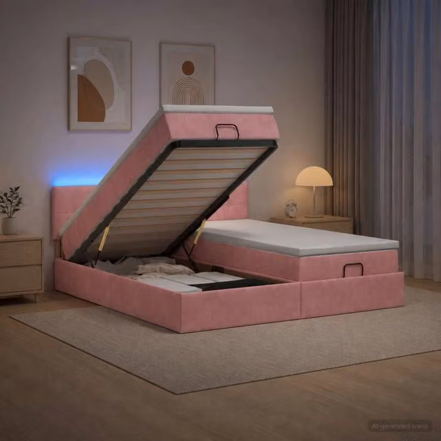 Letto Ottomano vidaXL in Velluto Rosa e Bianco con Materasso Ibrido, Illuminazione LED Sotto il Letto e Porte USB, L/P/H: 203 x 160 x 88 cm