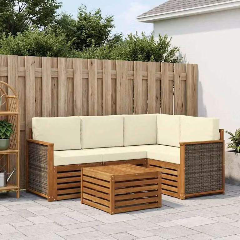 Set di divani da esterno vidaXL 5 pezzi in legno di acacia con tavolo da caffè, colore marrone, beige e bianco