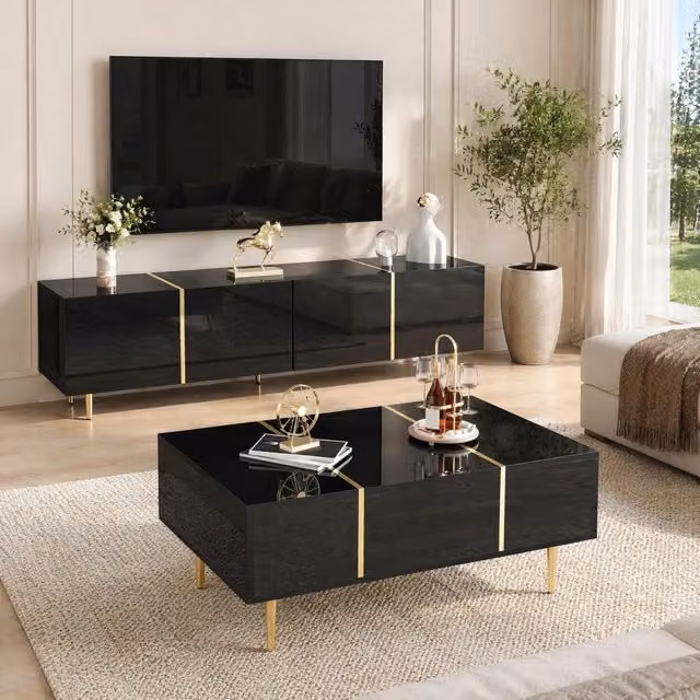 Set mobile TV e tavolino da caffè 170x35x46 cm e 100x60x41.5 cm con spazio contenitivo in MDF nero