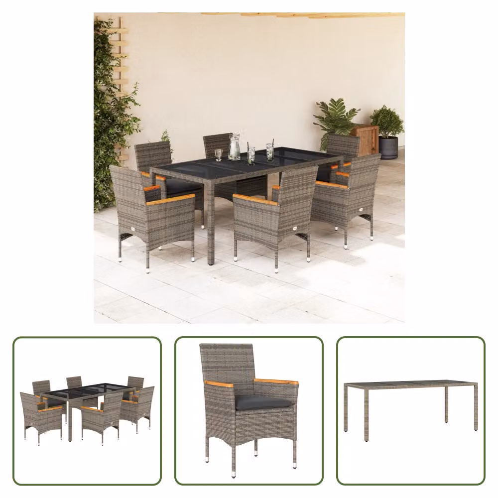 The Living Store Set da pranzo da giardino 7 pezzi con cuscini in poly rattan grigio e vetro