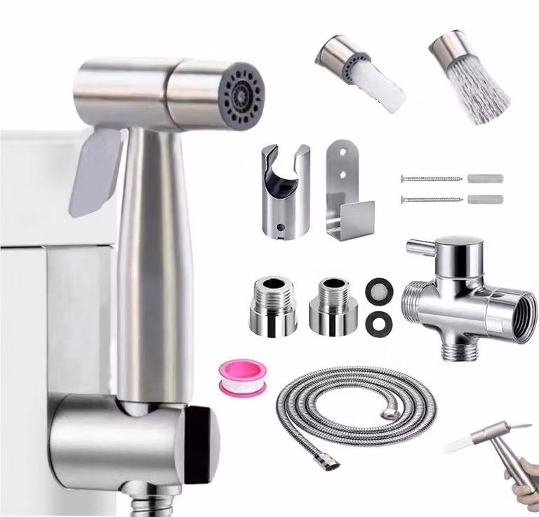 Doccia per bidet, con doppia manopola, erogatore manuale con tubo flessibile e adattatore a T