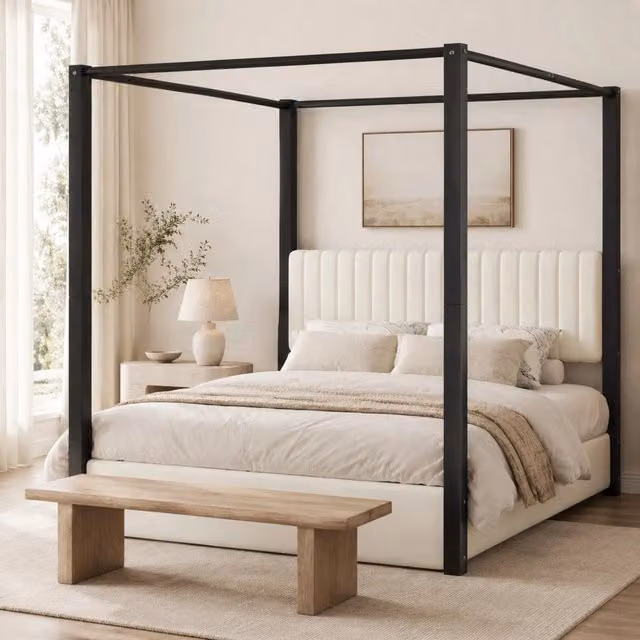 Letto a baldacchino MODFU in velluto beige, nero e bianco con struttura in metallo e MDF, L/P: 180 x 200 cm – 1