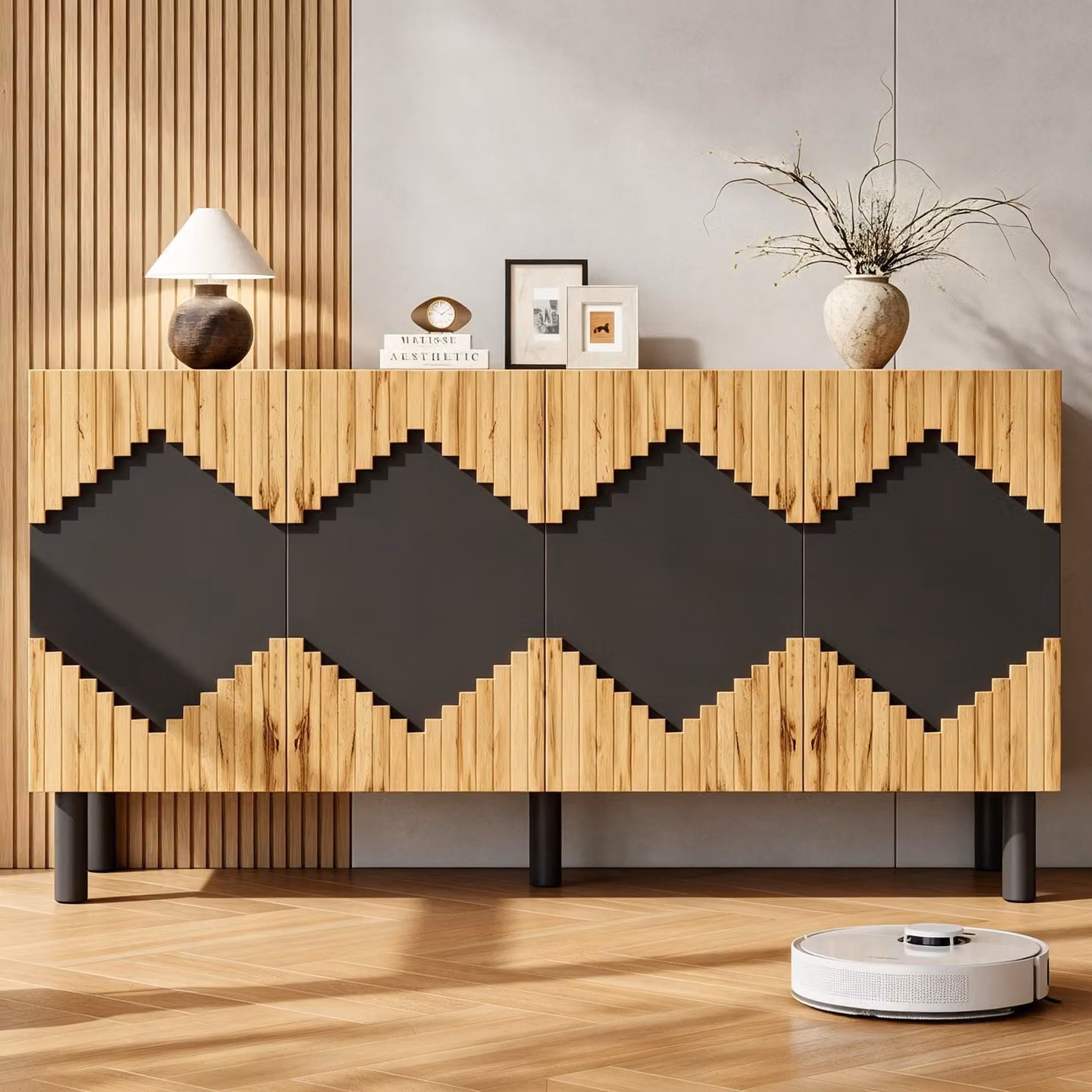 Mobile contenitore laterale Merax con 4 ante a spinta, mobiletto per soggiorno con motivo a rombi realizzato in pannello MDF, mobiletto con ripiani doppi, colore nero