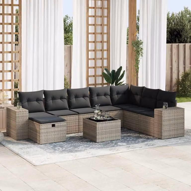 Set Divano da Giardino vidaXL 9 pz a Forma a U con Cuscini Grigio in Polyrattan e Struttura in Metallo