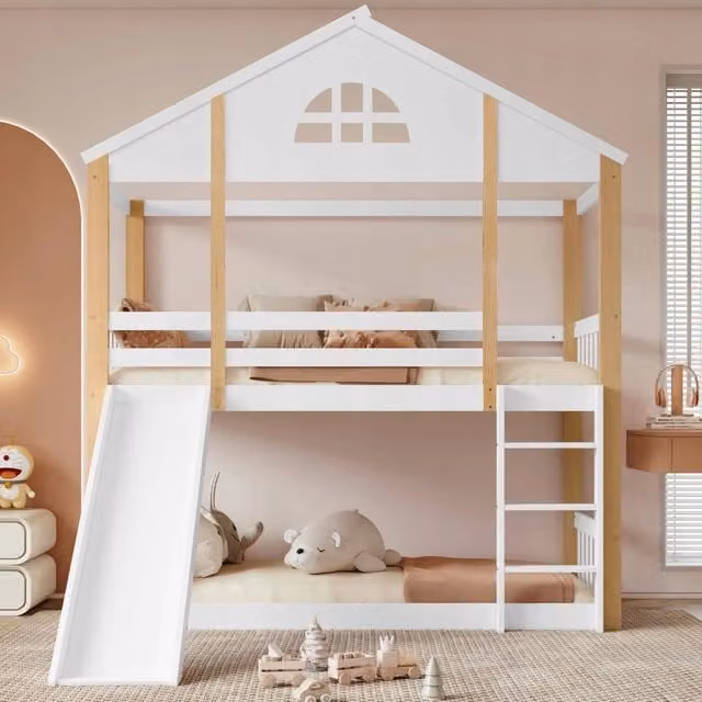 Letto a castello con scivolo - Xylo - 90x200cm - Bianco e legno