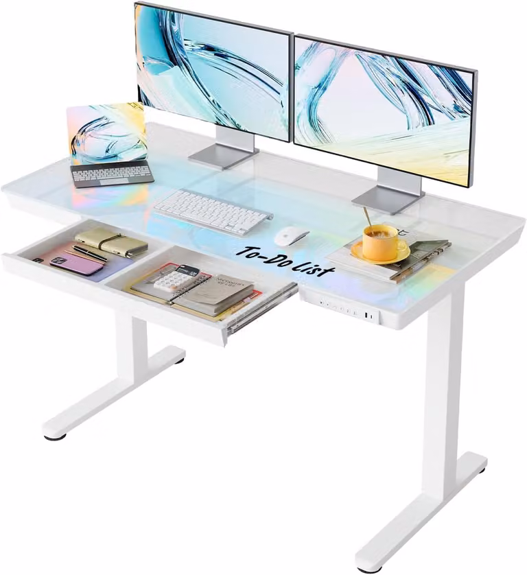 Scrivania regolabile elettricamente - 120 x 60 cm - Piano in vetro - Struttura in acciaio verniciato bianco - Con cassetto