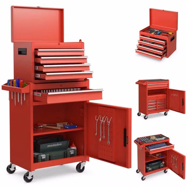 Carrello utensili FANTASK 2 in 1, su ruote, carrello da officina con serratura, completo di ganci