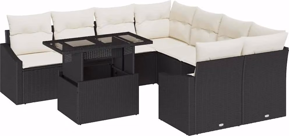 Set Divano da Giardino con cuscino 9 pcs Nero polyrattan