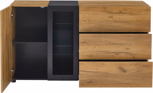 Buffet moderno con 3 cassetti e 1 anta, ripiani in vetro regolabili, illuminazione LED controllata da app, 140x40x80 cm, nero e marrone