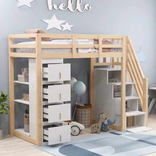 Letto a soppalco 90 × 200 cm 1 posto con 4 cassetti, scala contenitore e 3 ripiani, senza materasso, legno naturale