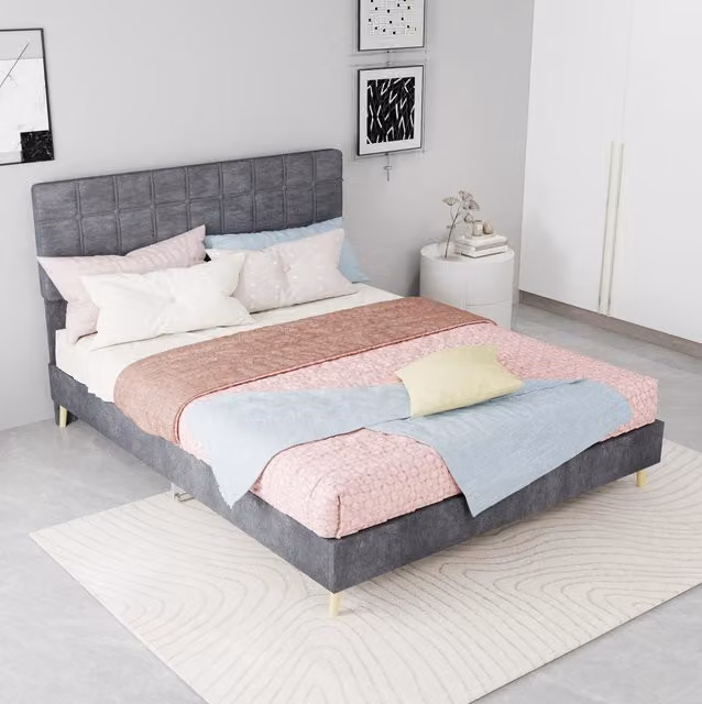 Letto matrimoniale in velluto 140x200 cm con testiera trapuntata a quadri grigio