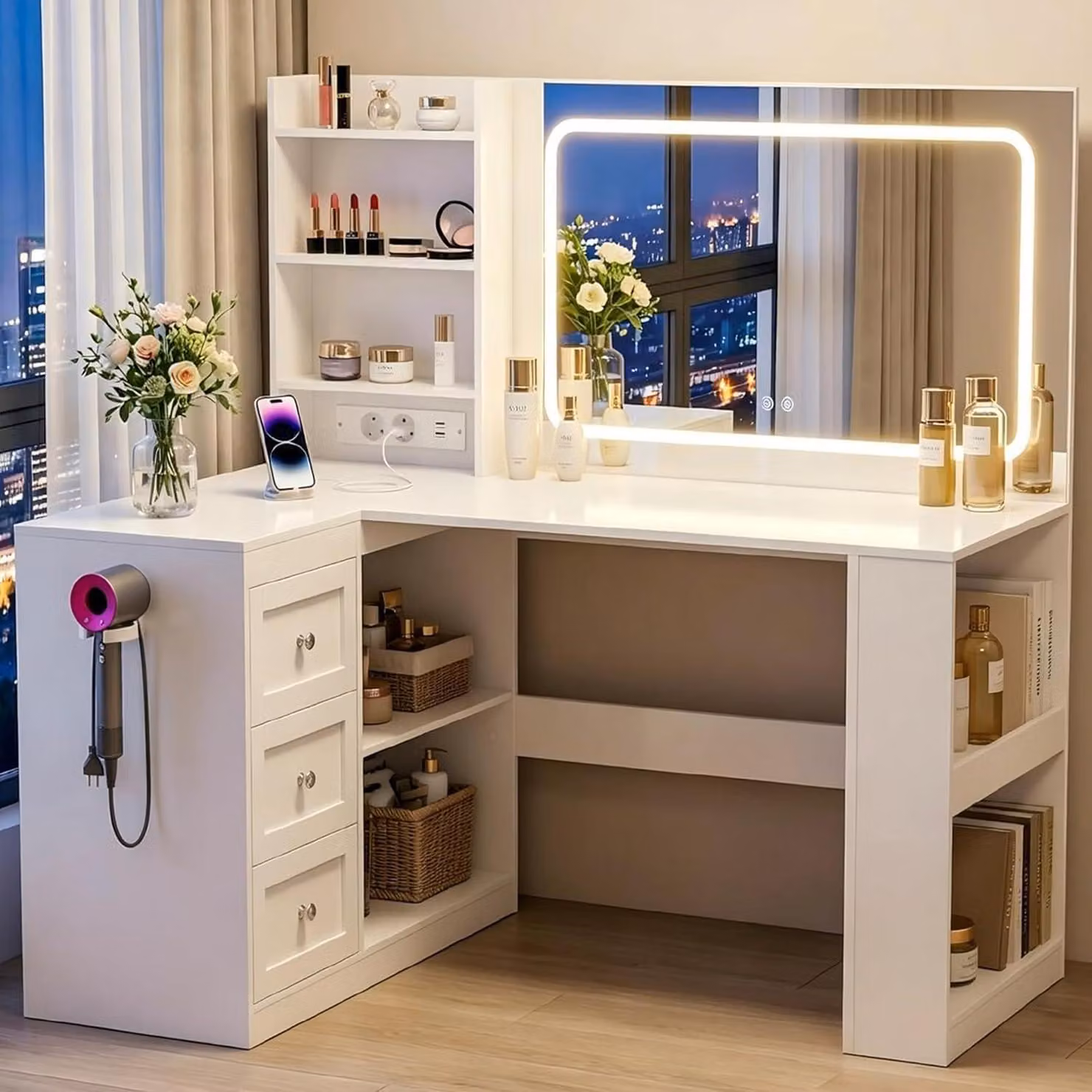 Comò da trucco con specchio a LED, prese di corrente e ampio spazio contenitivo, forma a L, colore bianco, dimensioni 120x80x136 cm