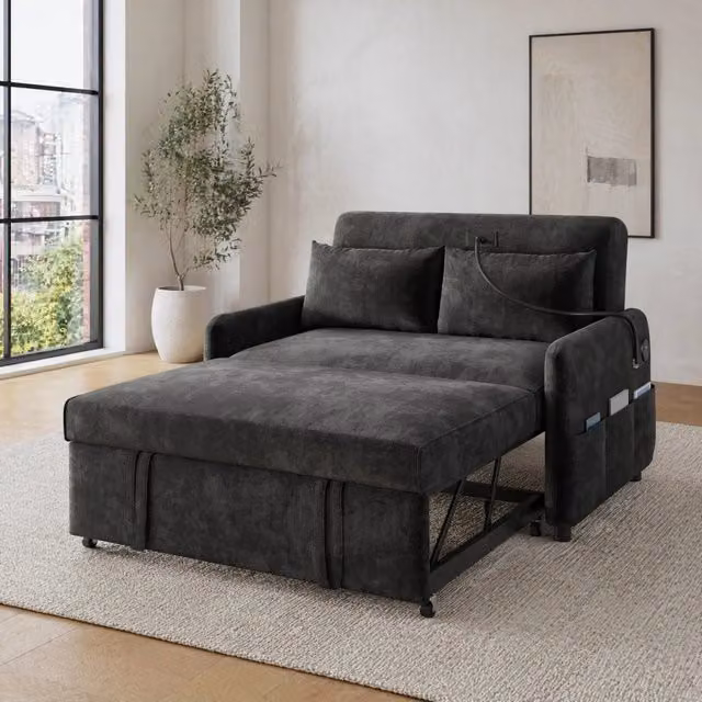 Divano letto 2 posti 129x76 cm in ciniglia grigia con schienale regolabile e USB HOMVRA